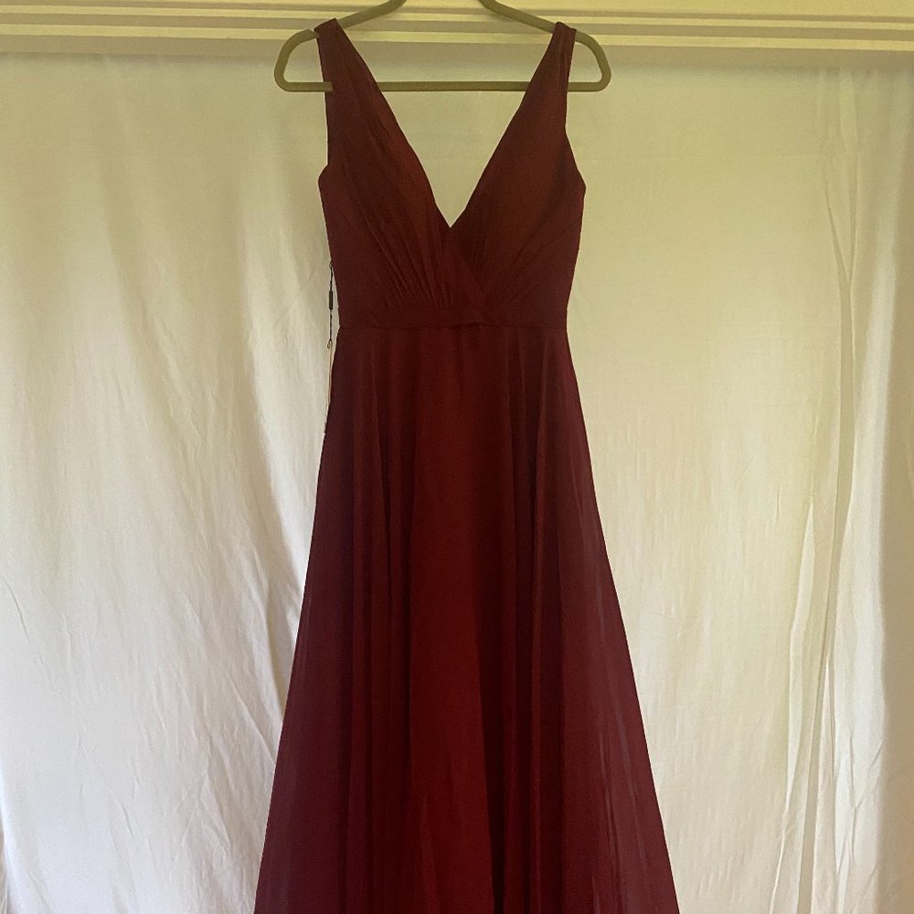 Wine Colored V Neckline Bridesmaid Dress